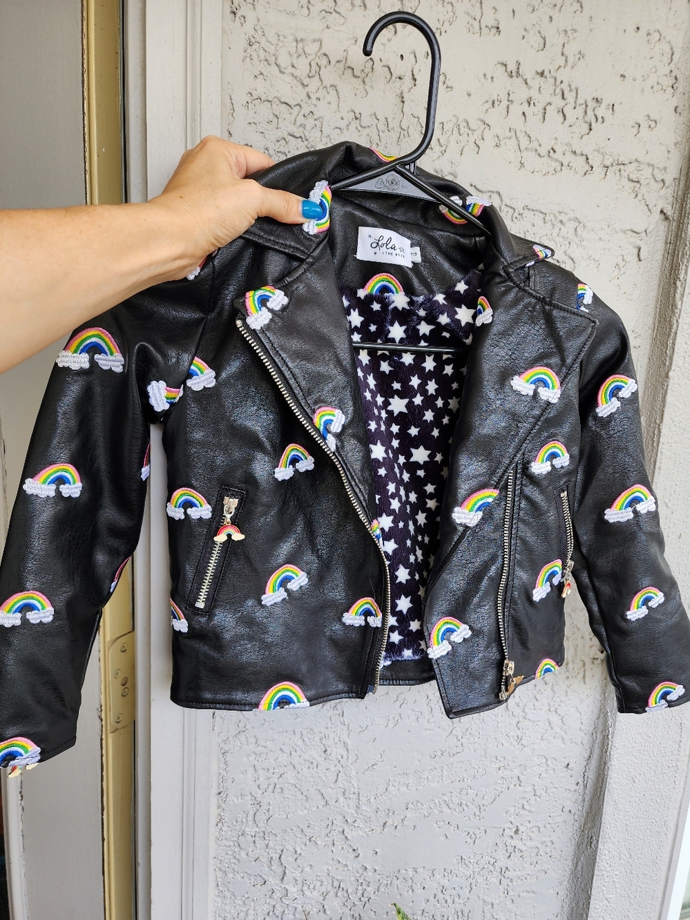 Lola The Boys Girls' Black Rainbow Embroidered Moto Jacket B12 - Picture 3 of 9